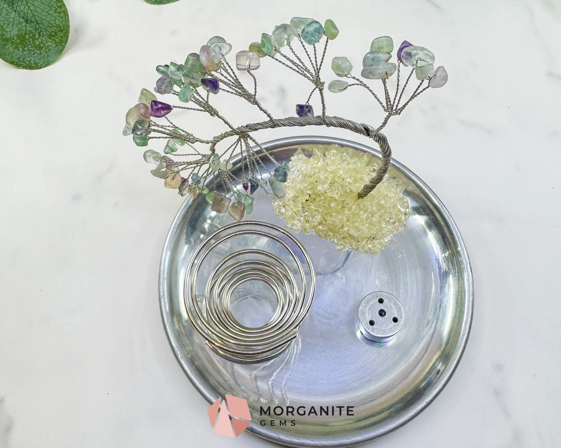 Fluorite Gemstone Tree Incense Holder – Silver Smudge Stick Station for Intuition & Mental Clarity - Incense