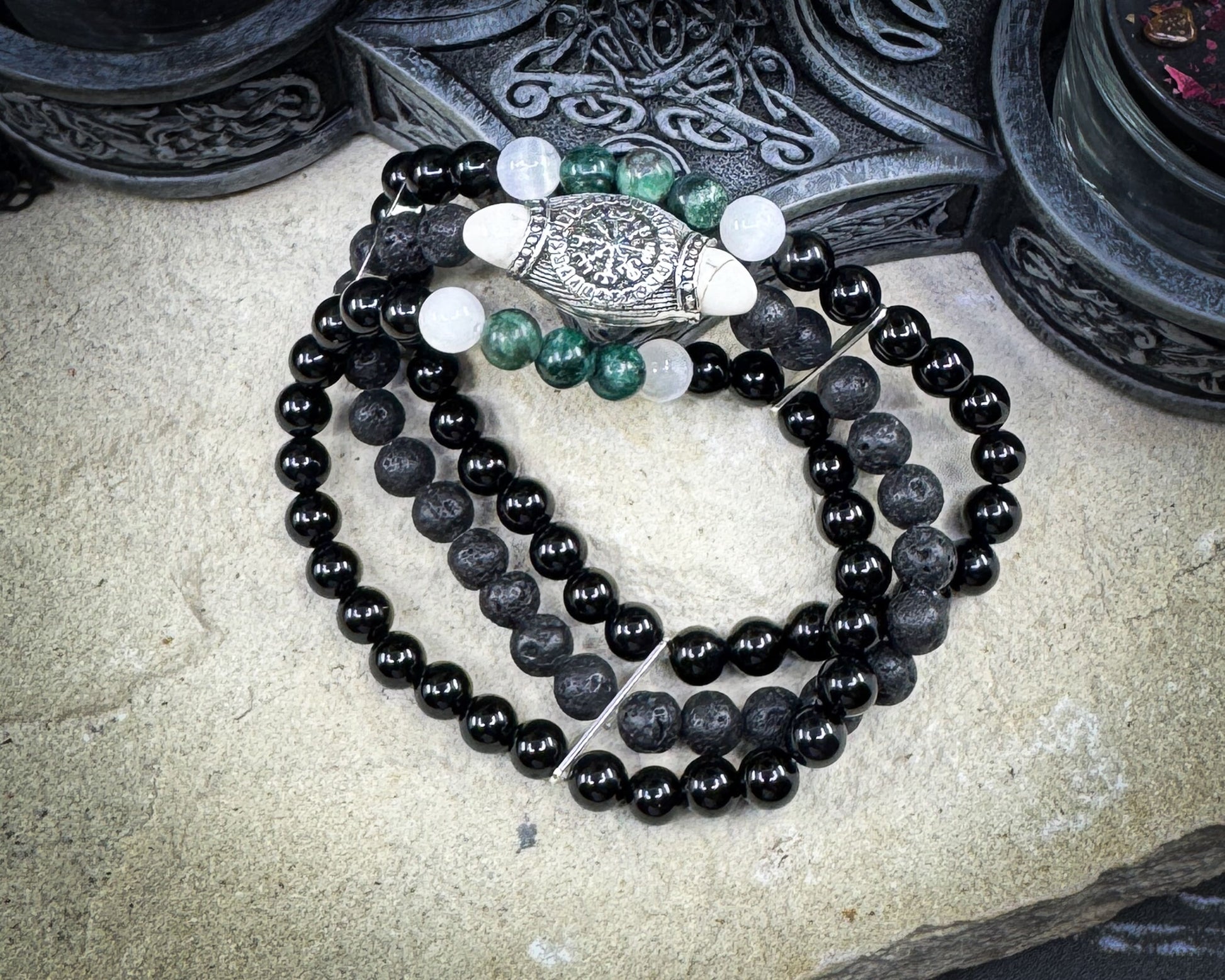 Nordic Gemstones Helm of Awe Bracelet – Triple Strand Emerald Selenite Onyx Lava Stone & Skull - Jewelry