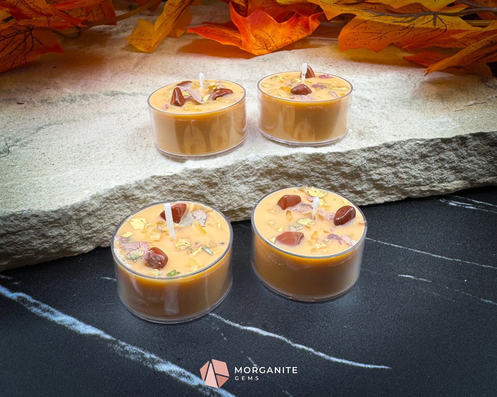 Tealight Fall Candle Set – 4-Pack Fallen Leaves Scent | Autumn Soy Candles with Crystals | Cinnamon Apple Citrus
