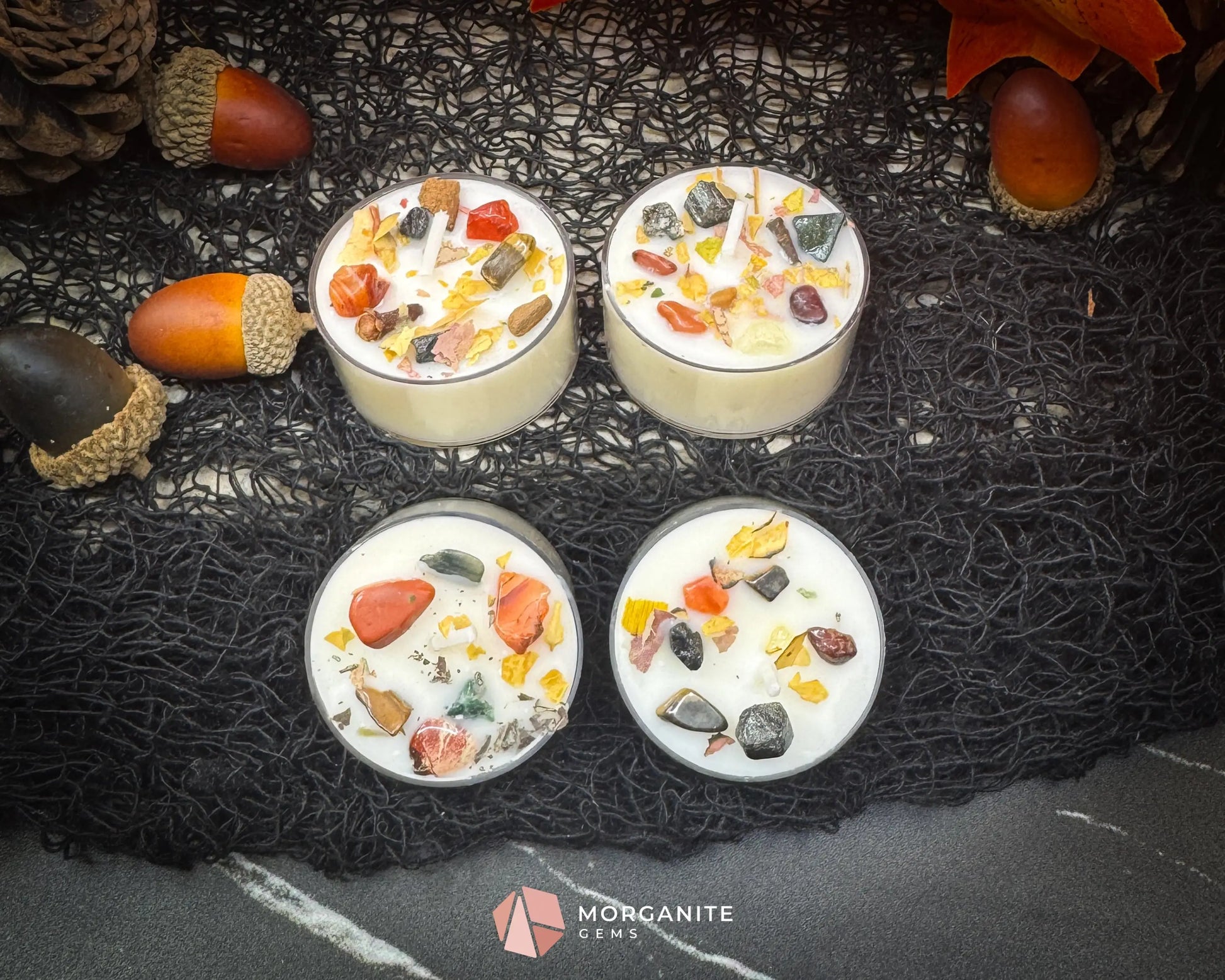 Samhain Tealight Candle Set – 4-Pack Crystal Infused Fall Tealights | Witchy Decor for Ritual & Celebration - Container