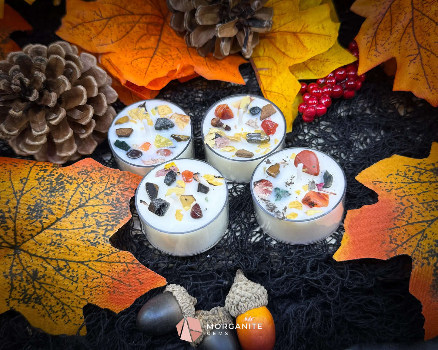 Samhain Tealight Candle Set – 4-Pack Crystal Infused Fall Tealights | Witchy Decor for Ritual & Celebration - Container