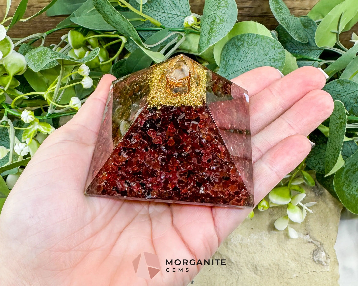 Garnet Orgonite Pyramid with Clear Quartz Point – Energy Amplifying Resin Pyramid 8.5oz (≈ 2.7’’ × 2.1’’)