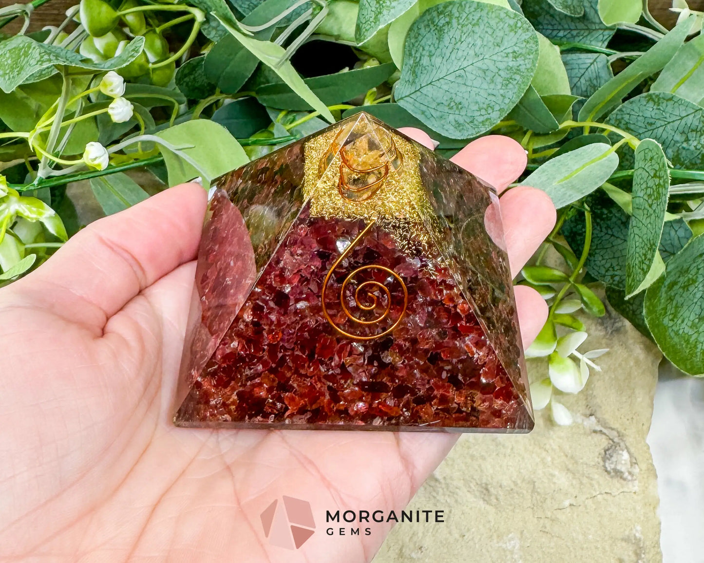 Garnet Orgonite Pyramid with Clear Quartz Point – Energy Amplifying Resin Pyramid 8.5oz (≈ 2.7’’ × 2.1’’)