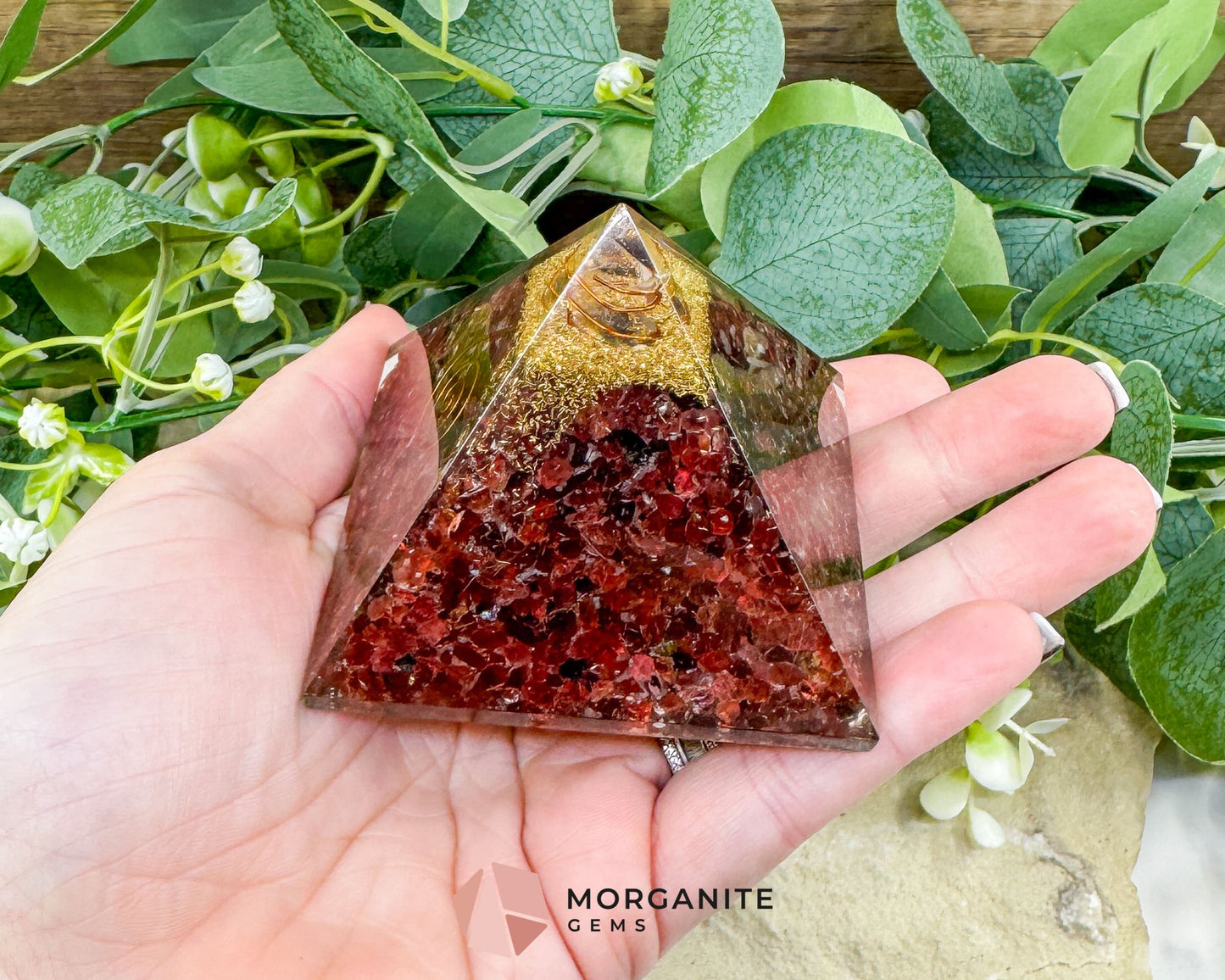 Garnet Orgonite Pyramid with Clear Quartz Point – Energy Amplifying Resin Pyramid 8.5oz (≈ 2.7’’ × 2.1’’)
