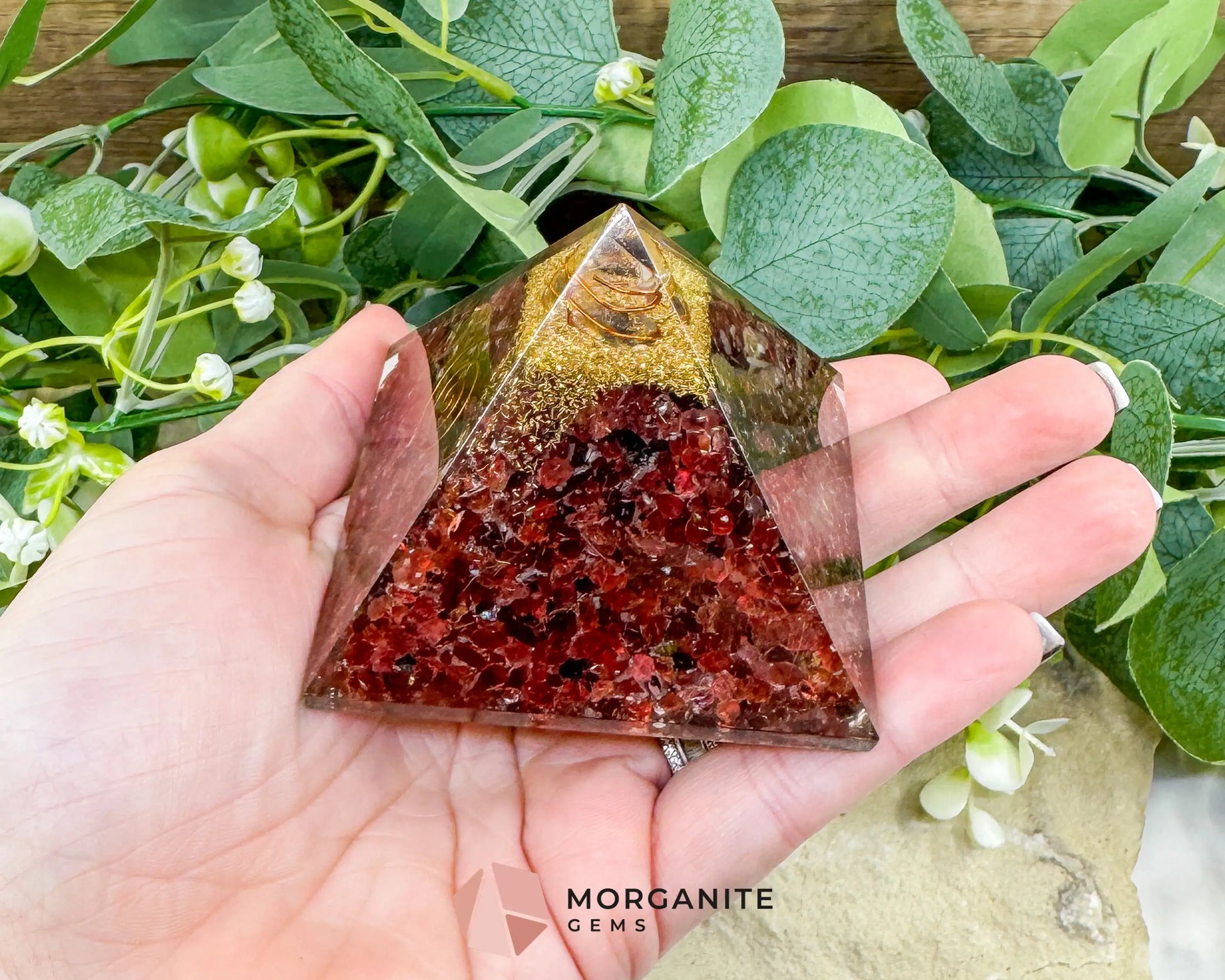 Garnet Orgonite Pyramid with Clear Quartz Point – Energy Amplifying Resin Pyramid 8.5oz (≈ 2.7’’ × 2.1’’)