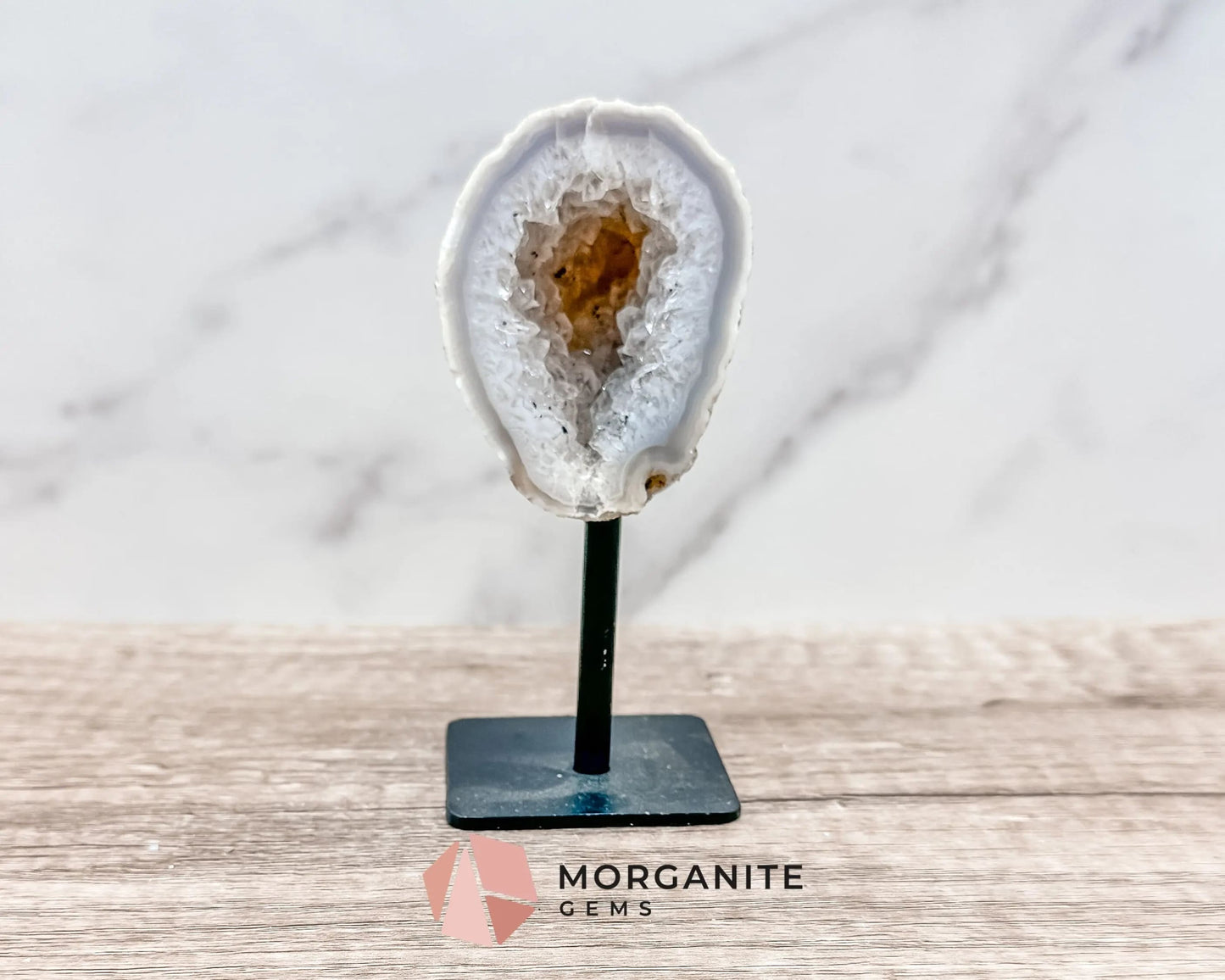 Geode Specimen on Metal Stand - Natural Crystal Display for Healing and Home Decor-Morganite Gems