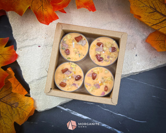 Tealight Fall Candle Set – 4-Pack Fallen Leaves Scent | Autumn Soy Candles with Crystals | Cinnamon Apple Citrus