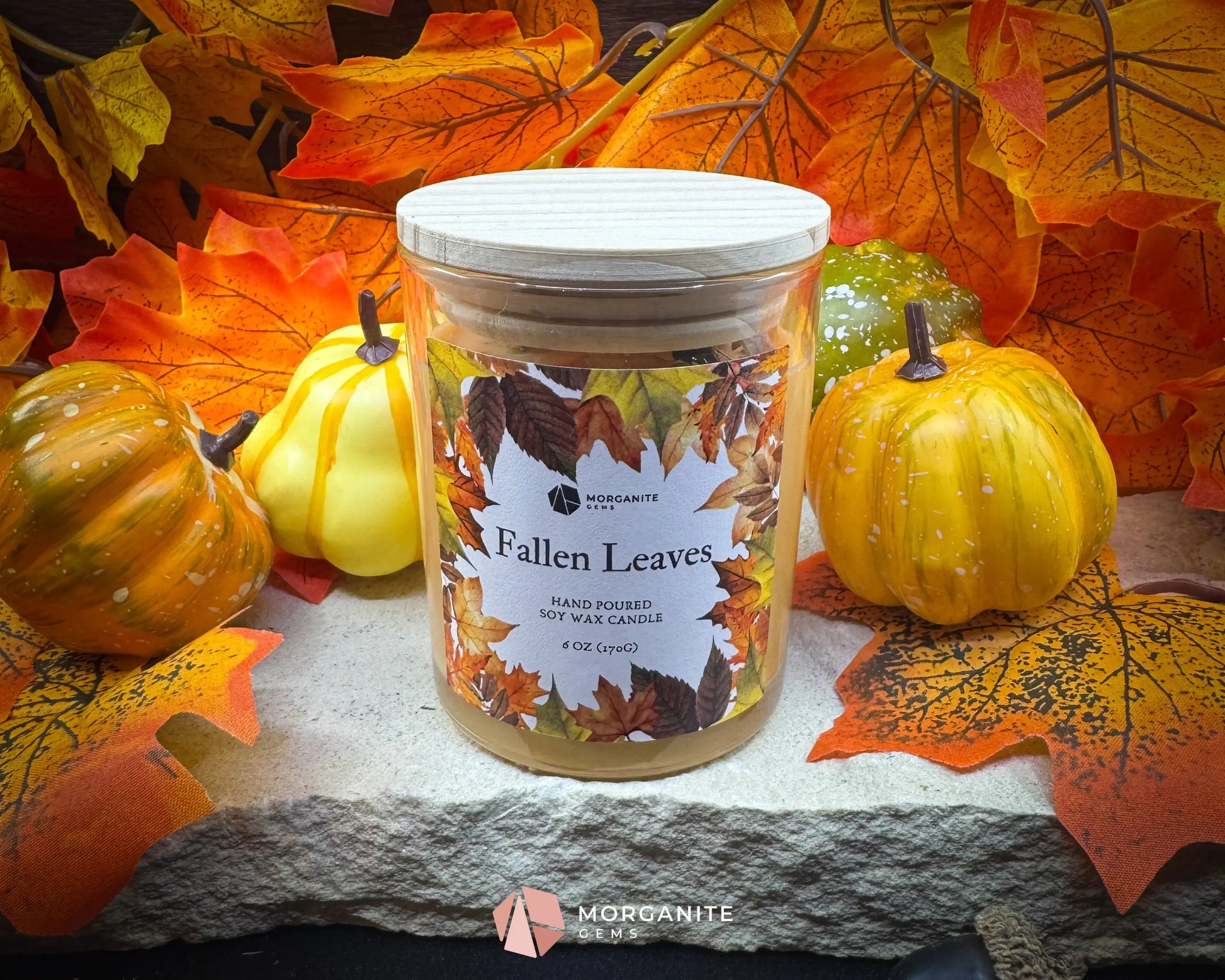 6 oz Fallen Leaves Candle – Autumn Soy Candle with Crystals & Dried Leaves | Apple Berry Fall Scent | Cozy Gift Idea