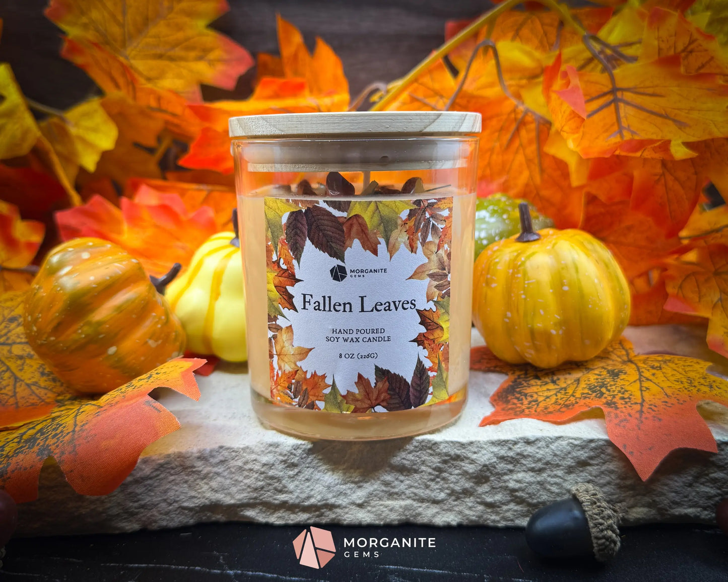 Fallen Leaves Candle – 8 oz Autumn Scented Soy Candle with Crystals & Dried Leaves | Cinnamon Apple Citrus | Fall Decor