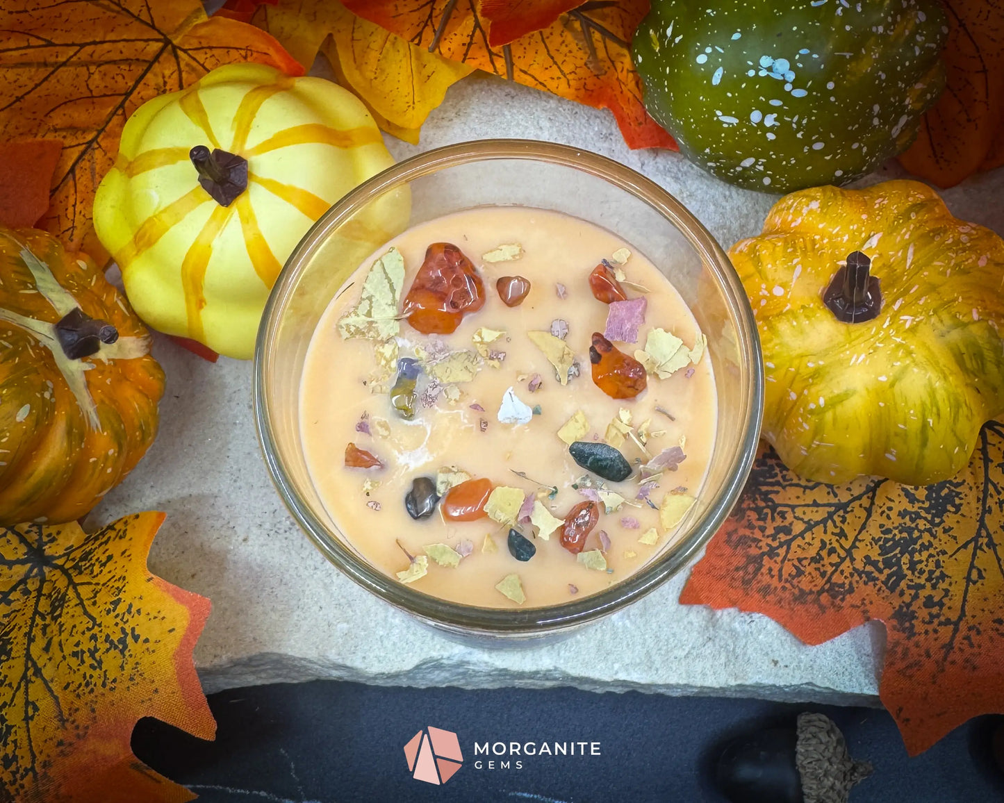 6 oz Fallen Leaves Candle – Autumn Soy Candle with Crystals & Dried Leaves | Apple Berry Fall Scent | Cozy Gift Idea