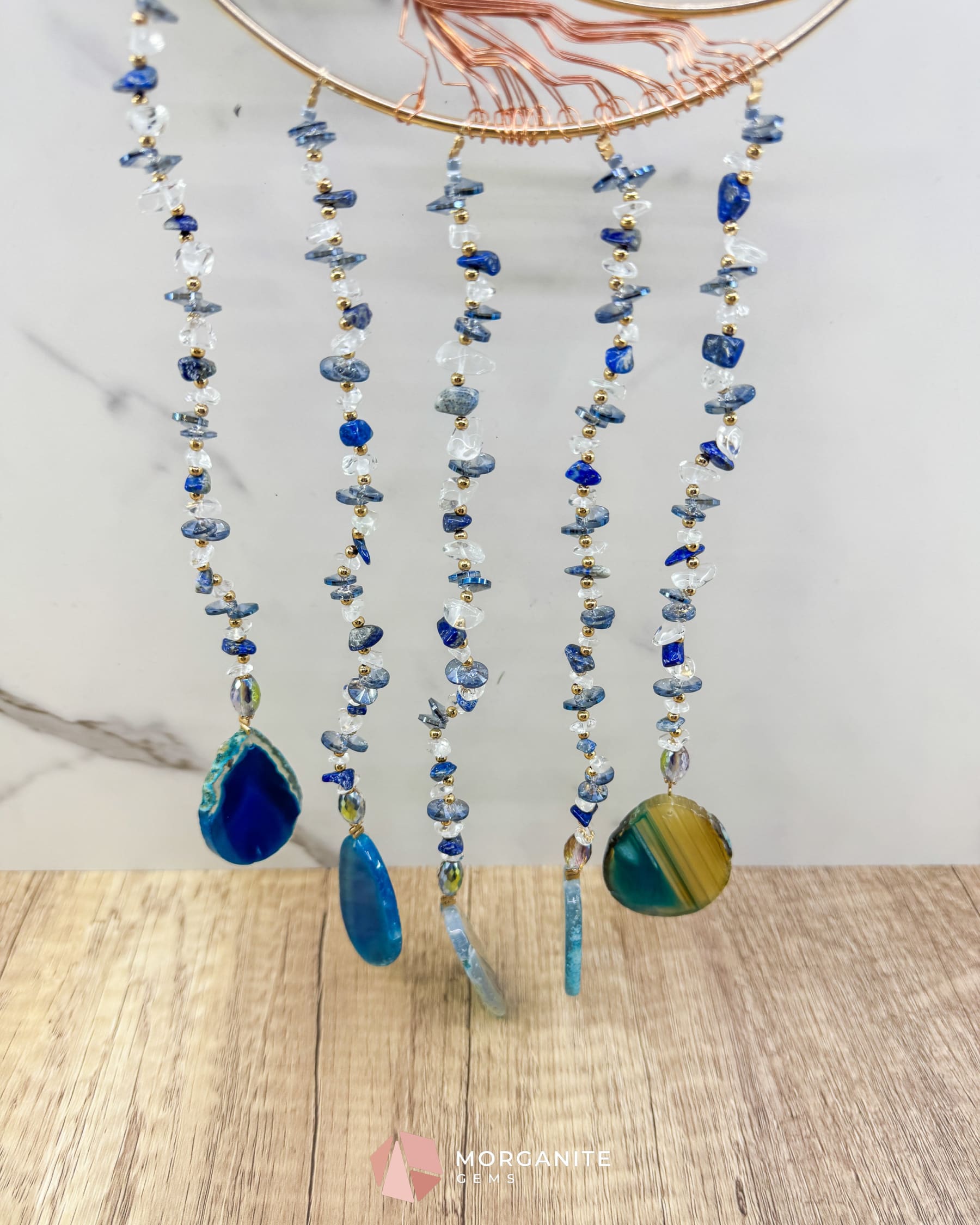 Gold Crescent Moon Dreamcatcher with Lapis Lazuli Tree of Life & Jewel Charms Home & Living