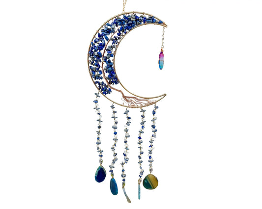 Gold Crescent Moon Dreamcatcher with Lapis Lazuli Tree of Life & Jewel Charms Home & Living