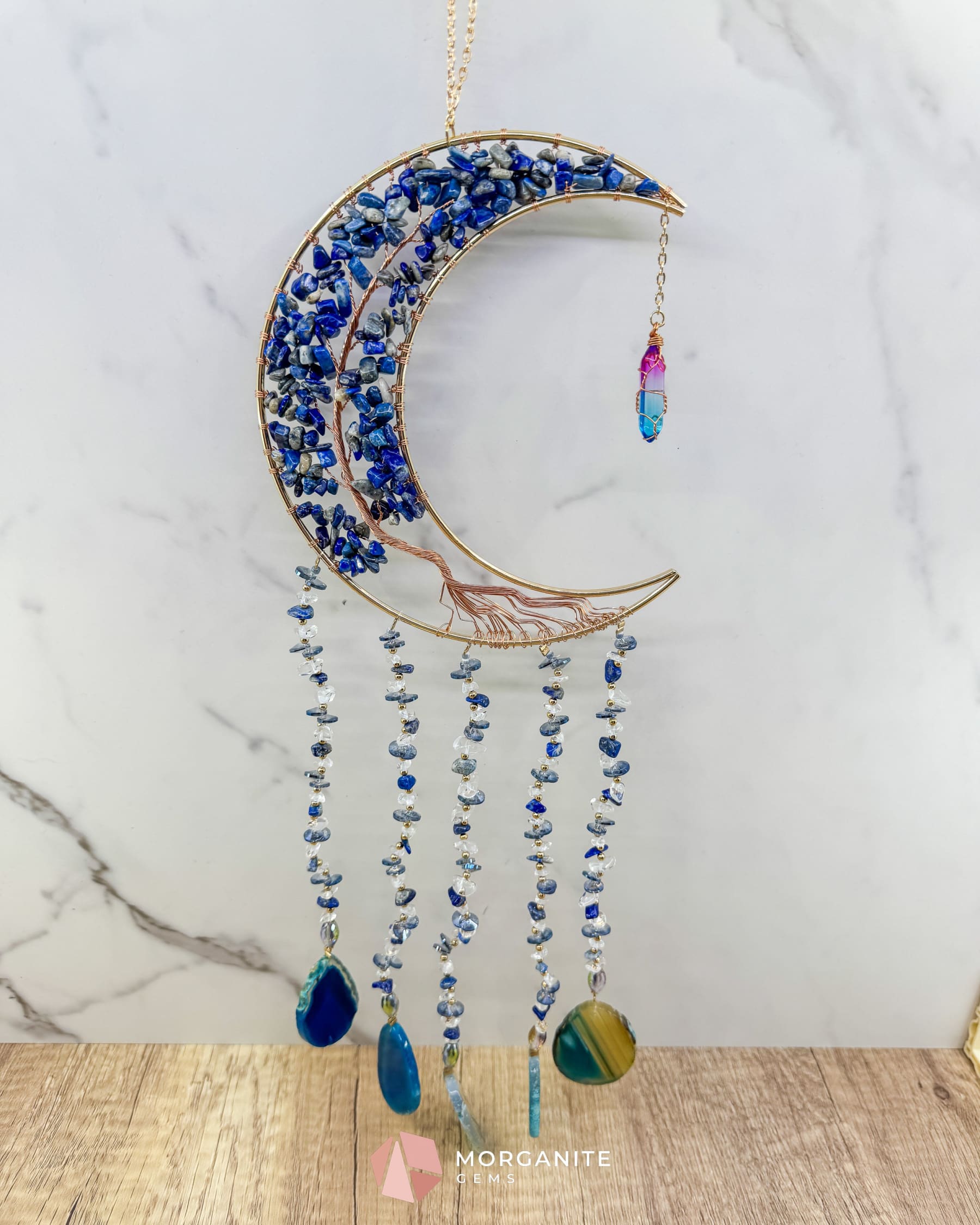Gold Crescent Moon Dreamcatcher with Lapis Lazuli Tree of Life & Jewel Charms Home & Living