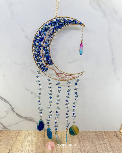 Gold Crescent Moon Dreamcatcher with Lapis Lazuli Tree of Life & Jewel Charms Home & Living