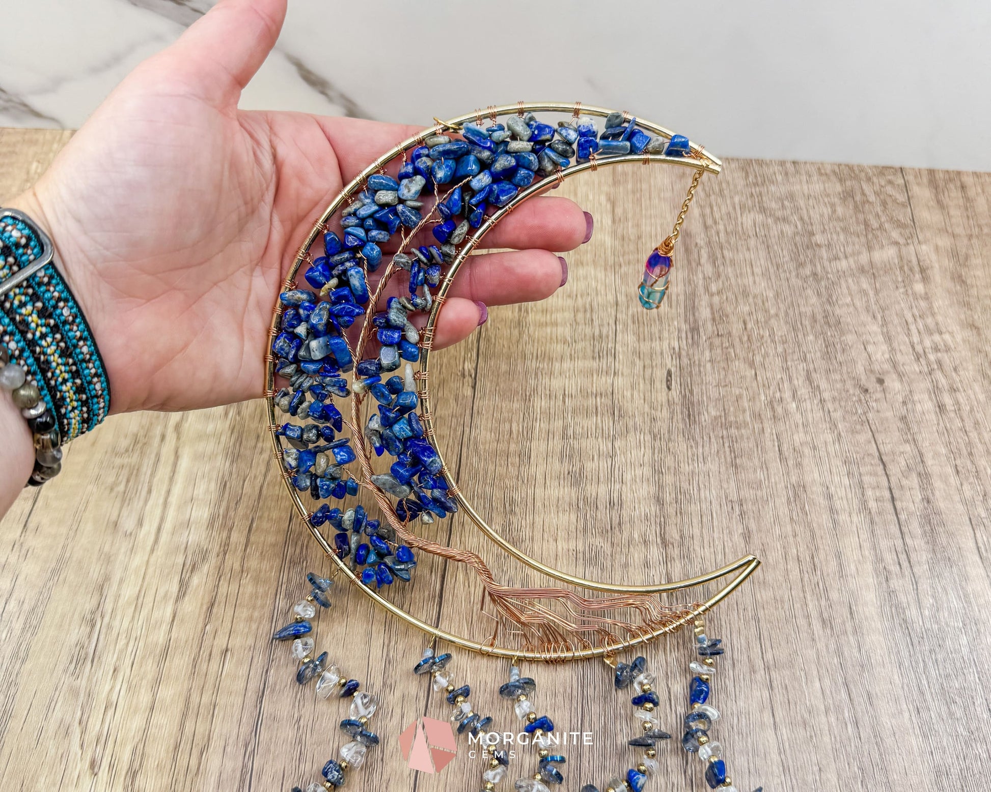Gold Crescent Moon Dreamcatcher with Lapis Lazuli Tree of Life & Jewel Charms Home & Living