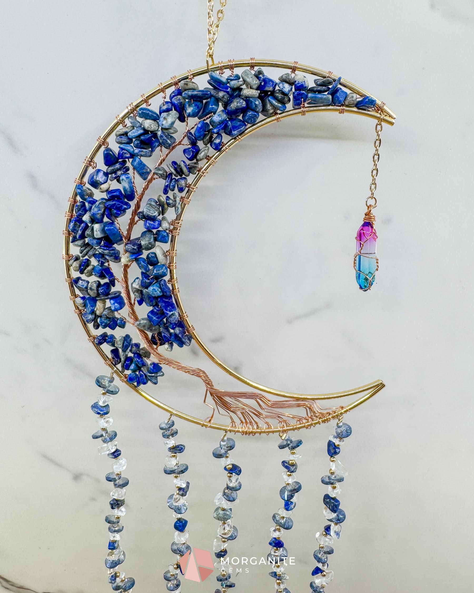 Gold Crescent Moon Dreamcatcher with Lapis Lazuli Tree of Life & Jewel Charms Home & Living