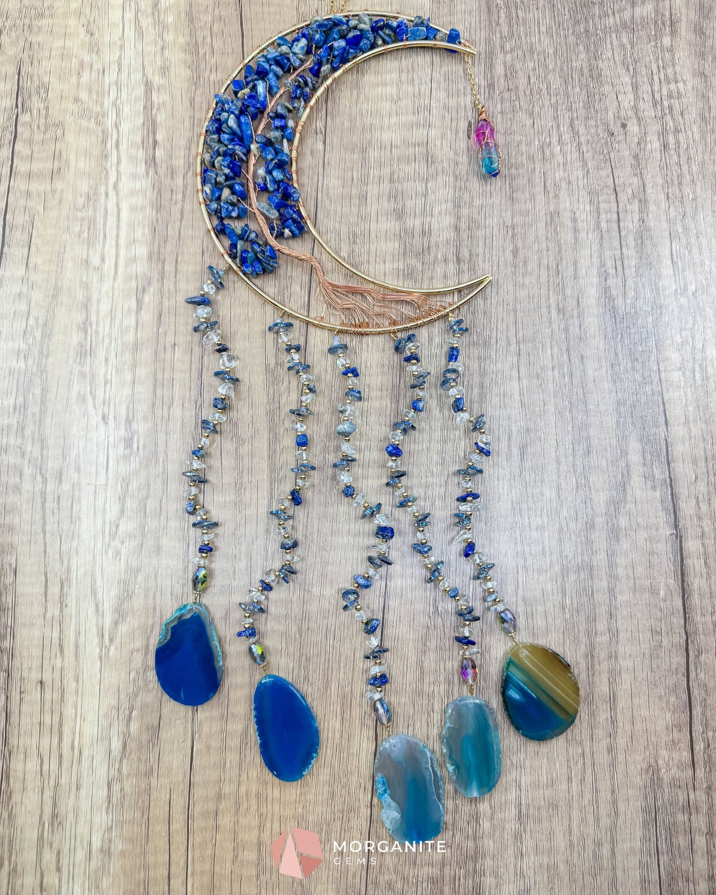 Gold Crescent Moon Dreamcatcher with Lapis Lazuli Tree of Life & Jewel Charms Home & Living