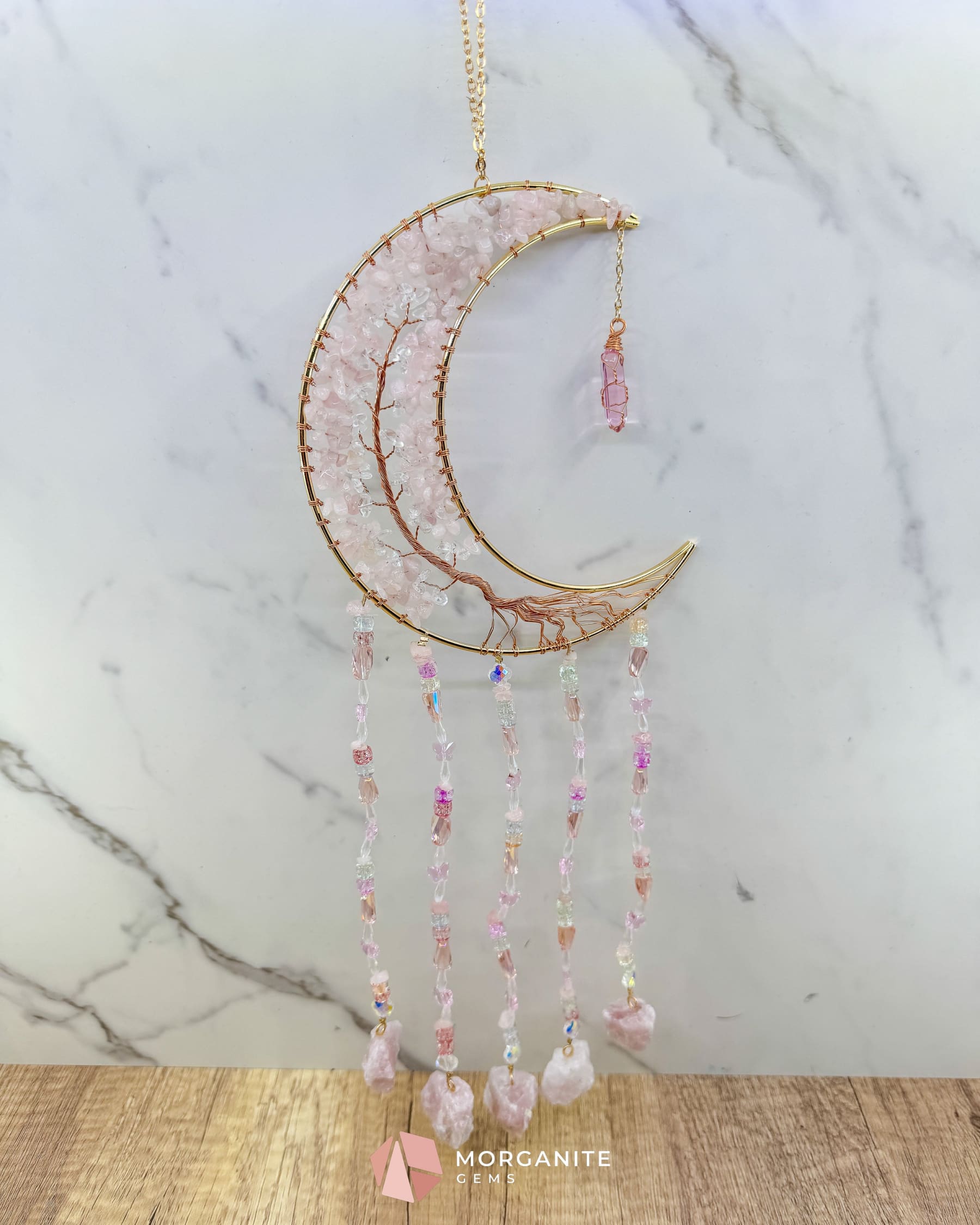 Gold Crescent Moon Dreamcatcher with Rose Quartz Tree of Life & Jewel Charms Home & Living