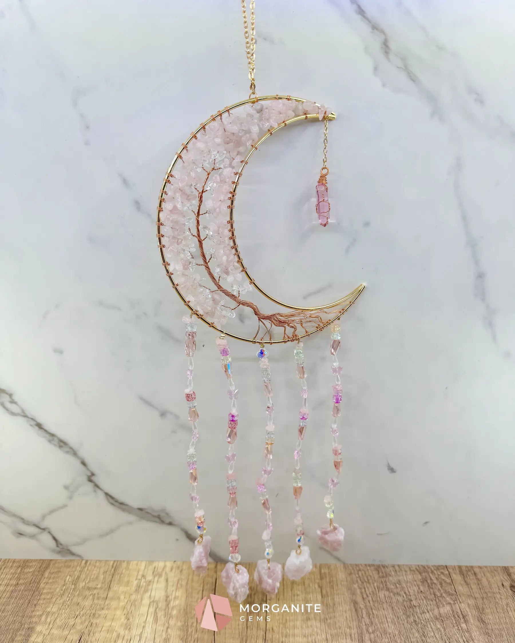 Gold Crescent Moon Dreamcatcher with Rose Quartz Tree of Life & Jewel Charms Home & Living