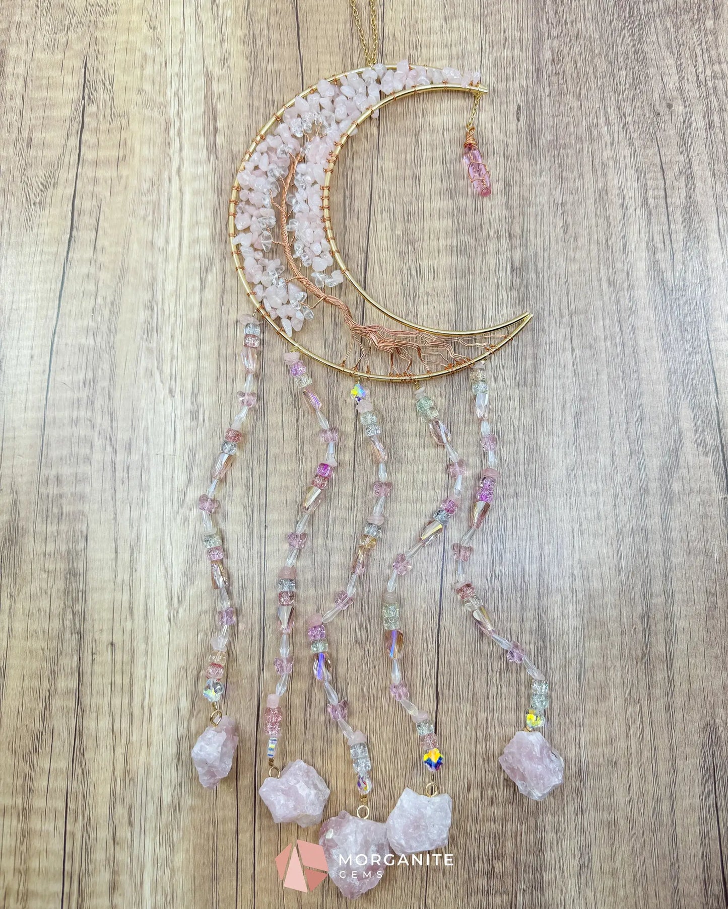 Gold Crescent Moon Dreamcatcher with Rose Quartz Tree of Life & Jewel Charms Home & Living