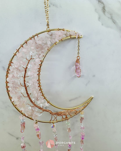 Gold Crescent Moon Dreamcatcher with Rose Quartz Tree of Life & Jewel Charms Home & Living