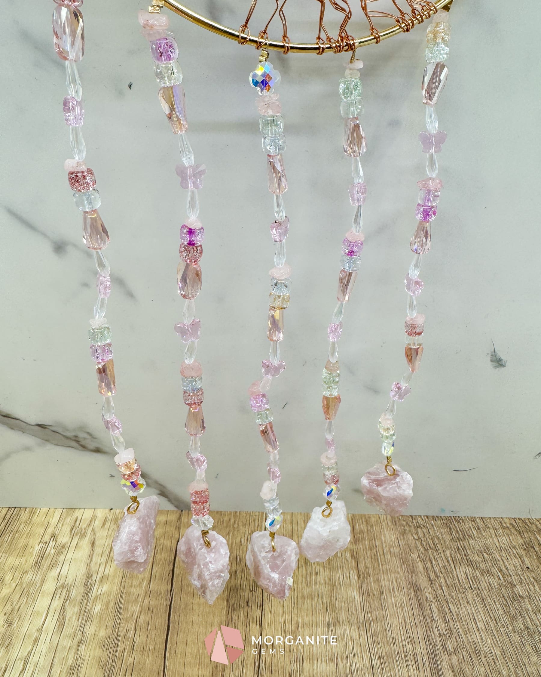 Gold Crescent Moon Dreamcatcher with Rose Quartz Tree of Life & Jewel Charms Home & Living