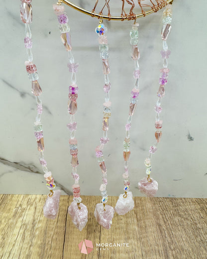 Gold Crescent Moon Dreamcatcher with Rose Quartz Tree of Life & Jewel Charms Home & Living