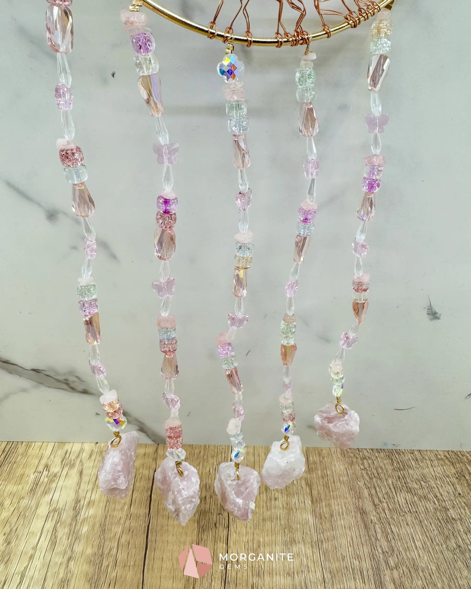 Gold Crescent Moon Dreamcatcher with Rose Quartz Tree of Life & Jewel Charms Home & Living