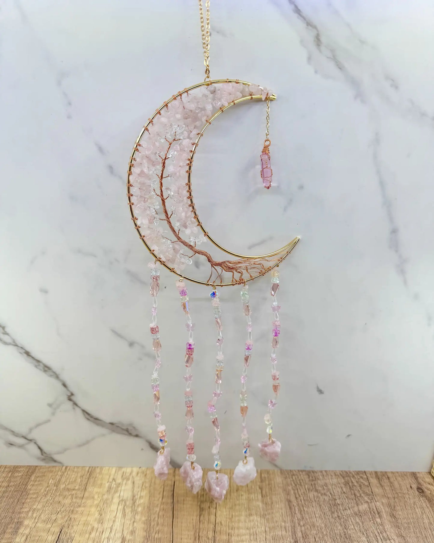 Gold Crescent Moon Dreamcatcher with Rose Quartz Tree of Life & Jewel Charms Home & Living