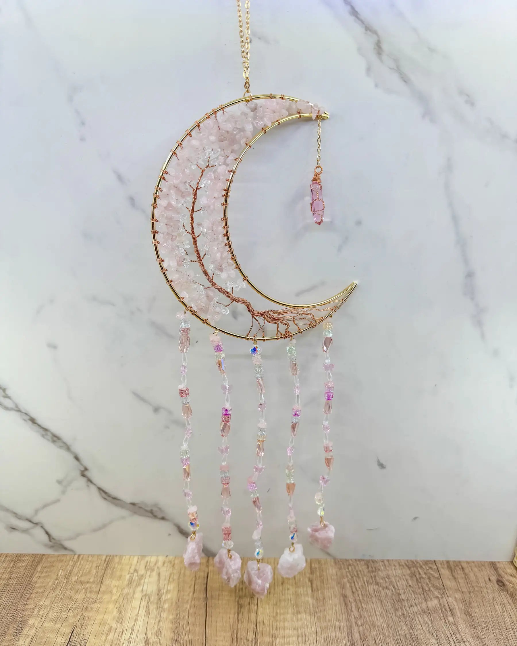 Gold Crescent Moon Dreamcatcher with Rose Quartz Tree of Life & Jewel Charms Home & Living
