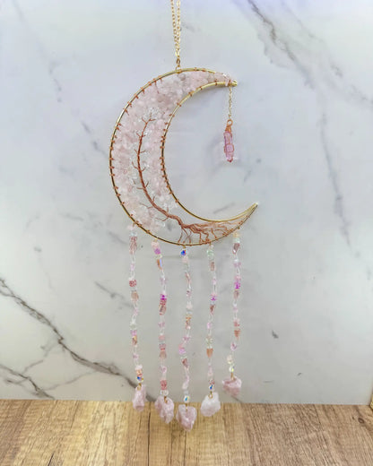 Gold Crescent Moon Dreamcatcher with Rose Quartz Tree of Life & Jewel Charms Home & Living