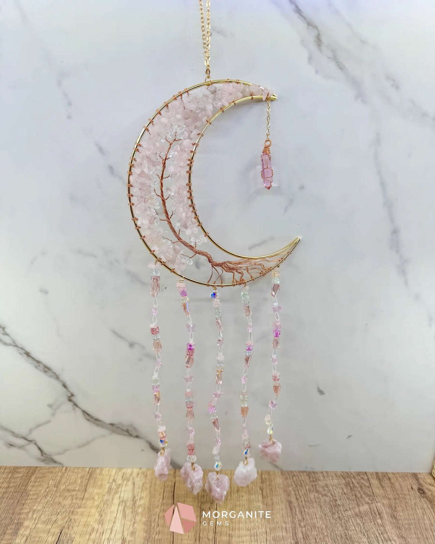 Gold Crescent Moon Dreamcatcher with Rose Quartz Tree of Life & Jewel Charms Home & Living