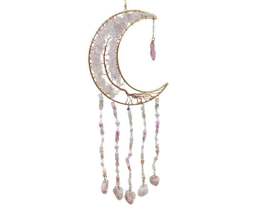 Gold Crescent Moon Dreamcatcher with Rose Quartz Tree of Life & Jewel Charms Home & Living