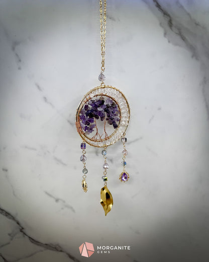 Gold Dual‑Ring Dreamcatcher with Amethyst Tree of Life & Jewel Charms Home & Living