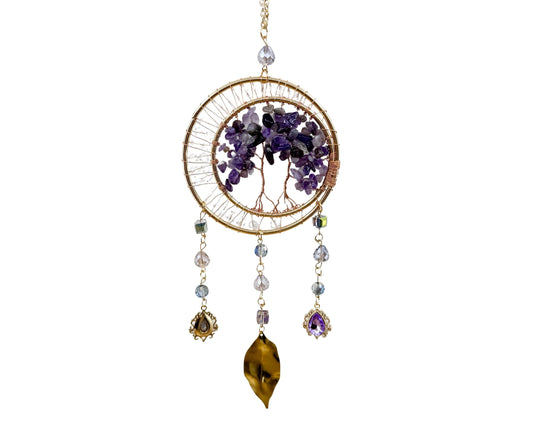 Gold Dual‑Ring Dreamcatcher with Amethyst Tree of Life & Jewel Charms Home & Living
