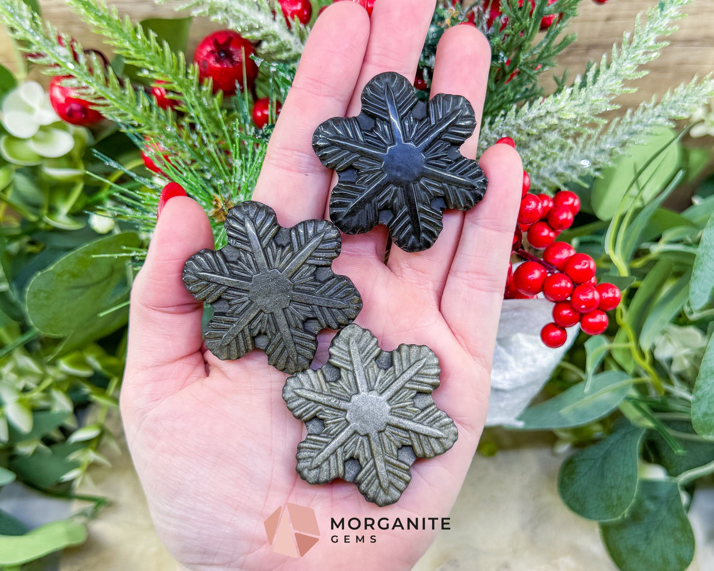 Gold Sheen Obsidian Snowflake Carving (1.5oz) - Holiday Prosperity Decor & Protective Shield - Metaphysical Crystals