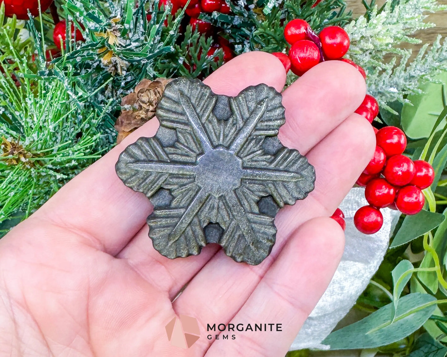 Gold Sheen Obsidian Snowflake Carving (1.5oz) - Holiday Prosperity Decor & Protective Shield - Metaphysical Crystals