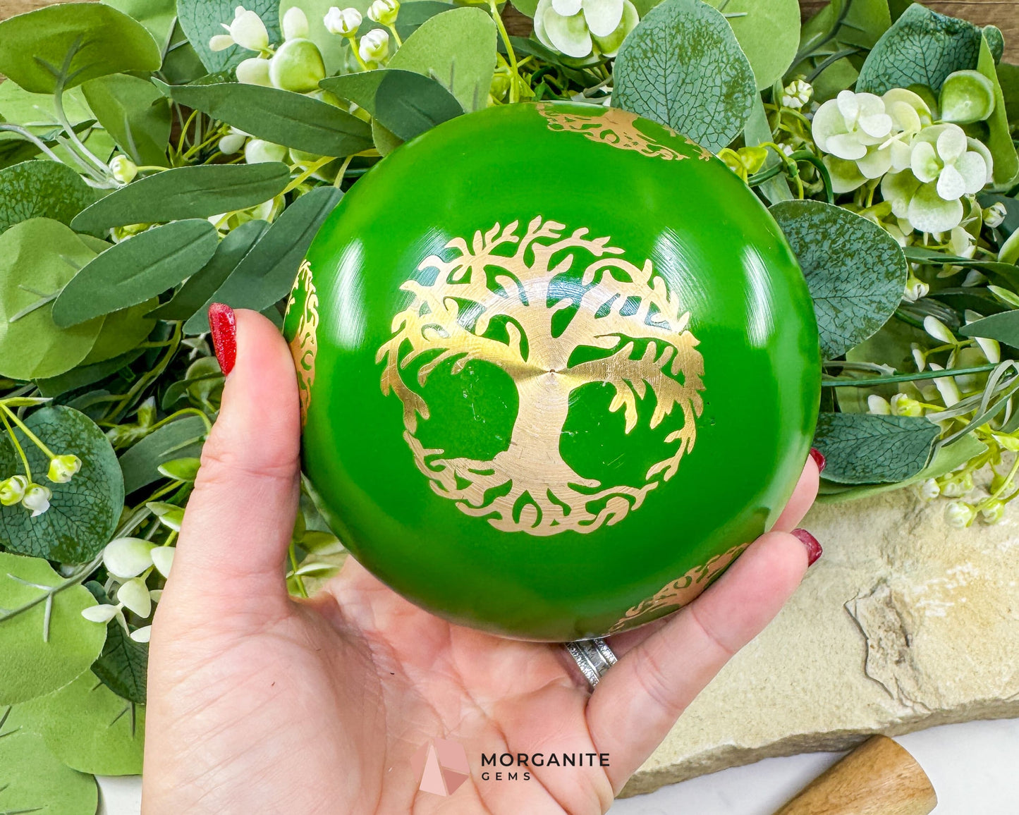 Green 4″ Tibetan Singing Bowl – Tree of Life Design Brass Meditation Bowl - Home & Living