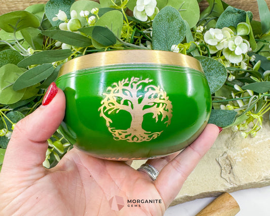 Green 4″ Tibetan Singing Bowl – Tree of Life Design Brass Meditation Bowl - Home & Living