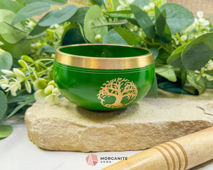 Green 4″ Tibetan Singing Bowl – Tree of Life Design Brass Meditation Bowl - Home & Living