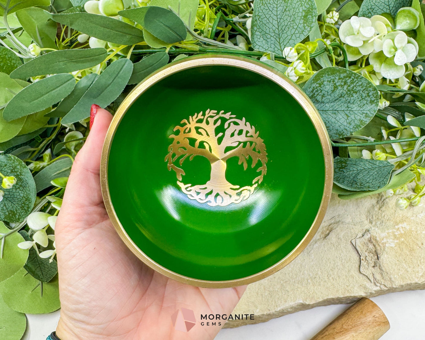 Green 4″ Tibetan Singing Bowl – Tree of Life Design Brass Meditation Bowl - Home & Living