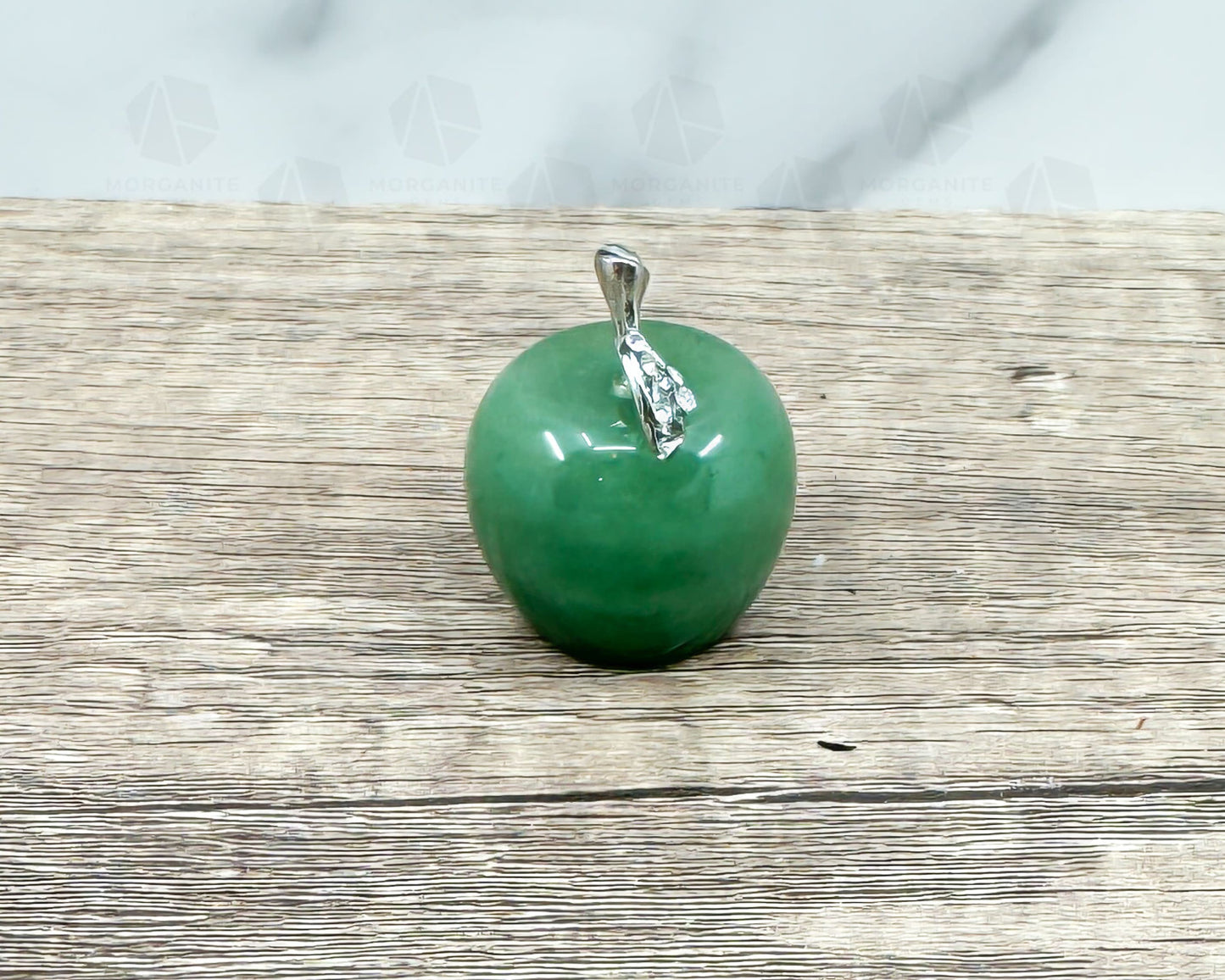 Green Aventurine Apple Carving with Crystal-Embellished Leaf – Symbol of Luck and Prosperity-Morganite Gems