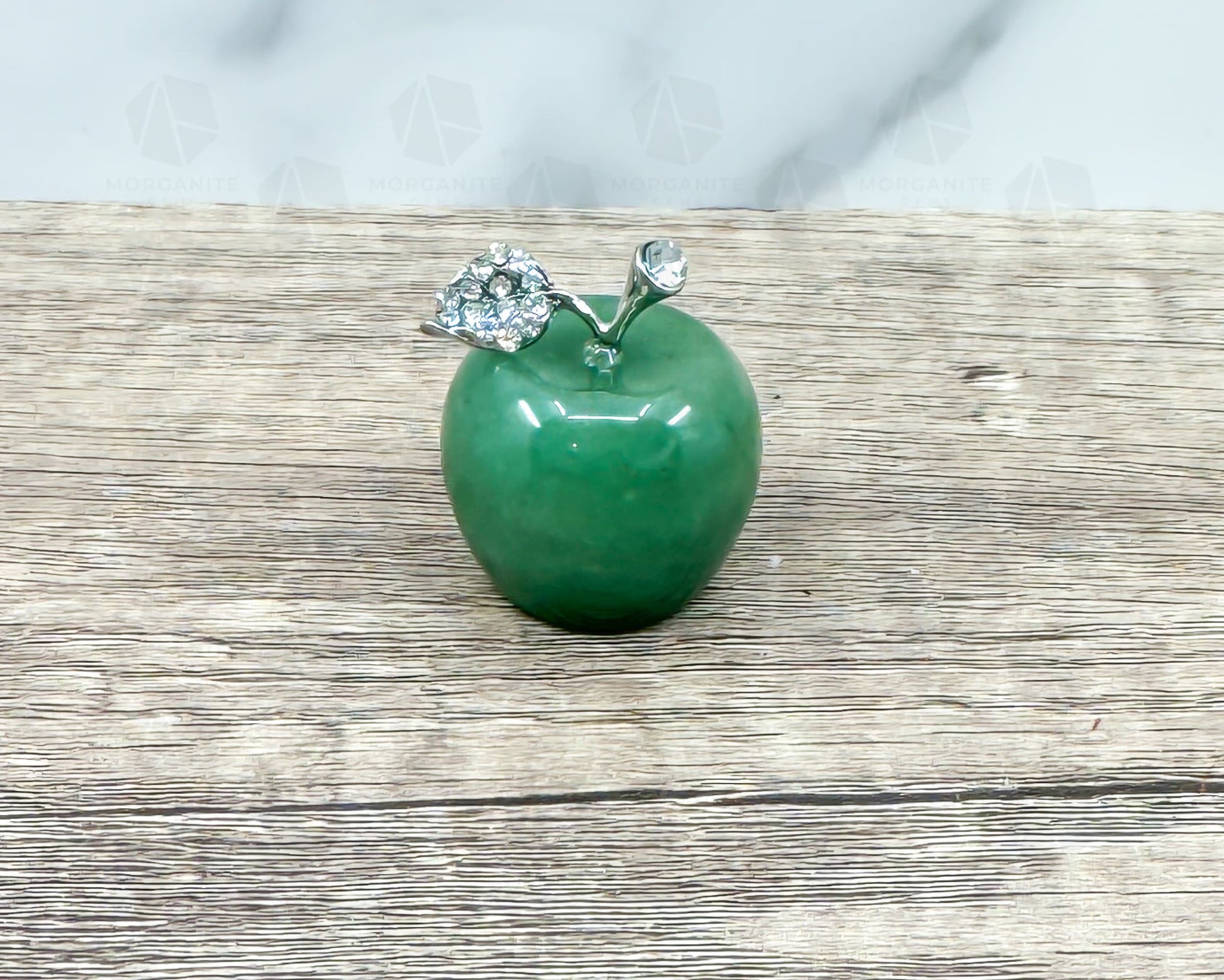 Green Aventurine Apple Carving with Crystal-Embellished Leaf – Symbol of Luck and Prosperity-Morganite Gems