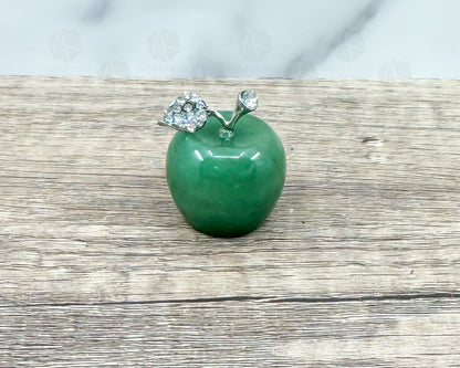 Green Aventurine Apple Carving with Crystal-Embellished Leaf – Symbol of Luck and Prosperity-Morganite Gems