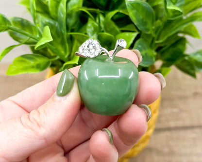 Green Aventurine Apple Carving with Crystal-Embellished Leaf – Symbol of Luck and Prosperity-Morganite Gems