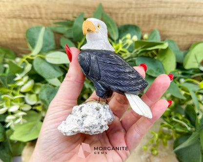 Hand-Carved Bald Eagle Sculpture No.1 (232g) on Quartz & Pyrite Base - Freedom Strength & Abundance - Metaphysical