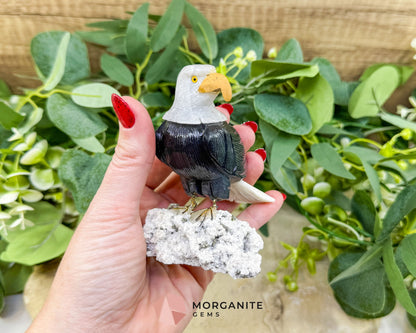Hand-Carved Bald Eagle Sculpture No.1 (232g) on Quartz & Pyrite Base - Freedom Strength & Abundance - Metaphysical