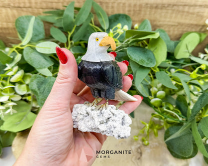 Hand-Carved Bald Eagle Sculpture No.1 (232g) on Quartz & Pyrite Base - Freedom Strength & Abundance - Metaphysical