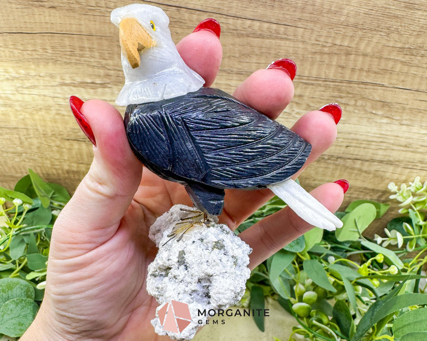 Hand-Carved Bald Eagle Sculpture No.1 (232g) on Quartz & Pyrite Base - Freedom Strength & Abundance - Metaphysical