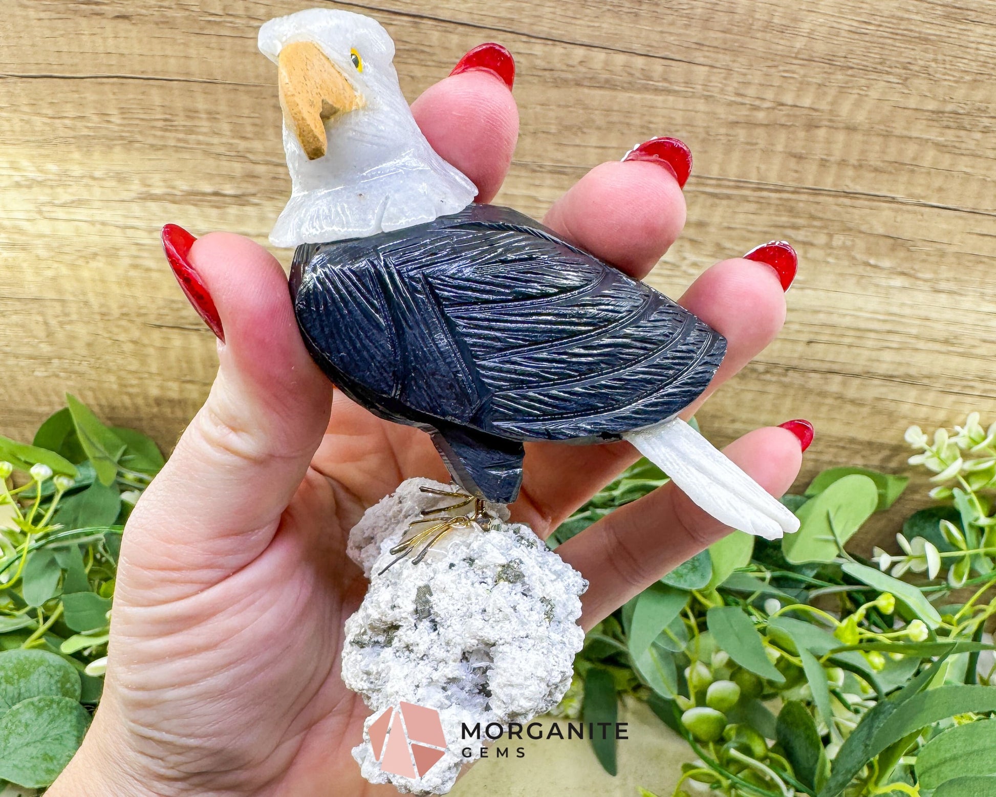 Hand-Carved Bald Eagle Sculpture No.1 (232g) on Quartz & Pyrite Base - Freedom Strength & Abundance - Metaphysical